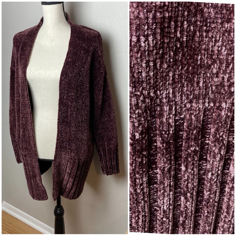 a new day Long Chenille Cardigan Open Front Dark Maroon Aubergine Purple